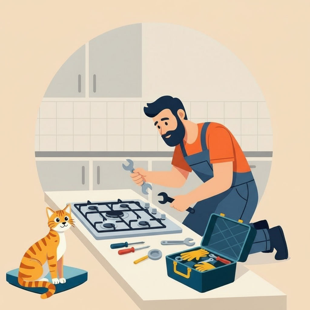 Tecnico ripara una lavastoviglie mentre un gatto lo guarda